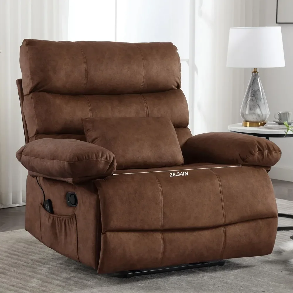 Recliner Chair, Plus Size 28 inch Large Wide Seat Manual Flannel Recliner with Pockets, Massage Heated Pillow 350 lb Capacity