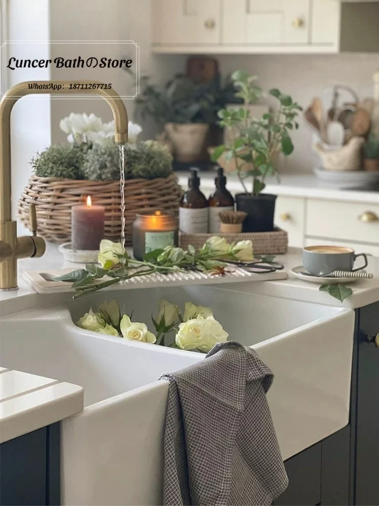 Oversized Deep Double Bowl Semi Recessed Ceramic Kitchen Sink Oil-proof Anti-splash Design For Family Daily Cooking Cleaning