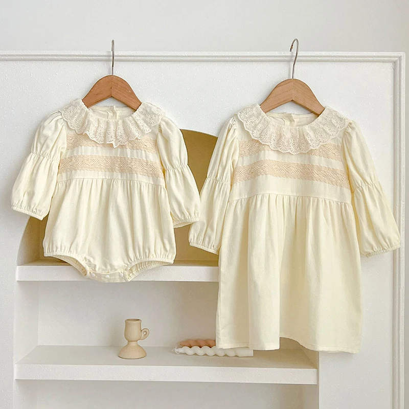 

Infant Kids Baby Girls Long Sleeve Lace Collar Sisters Dress Autumn Newborn Kids Baby Girls Cute Princess Clothes Rompers