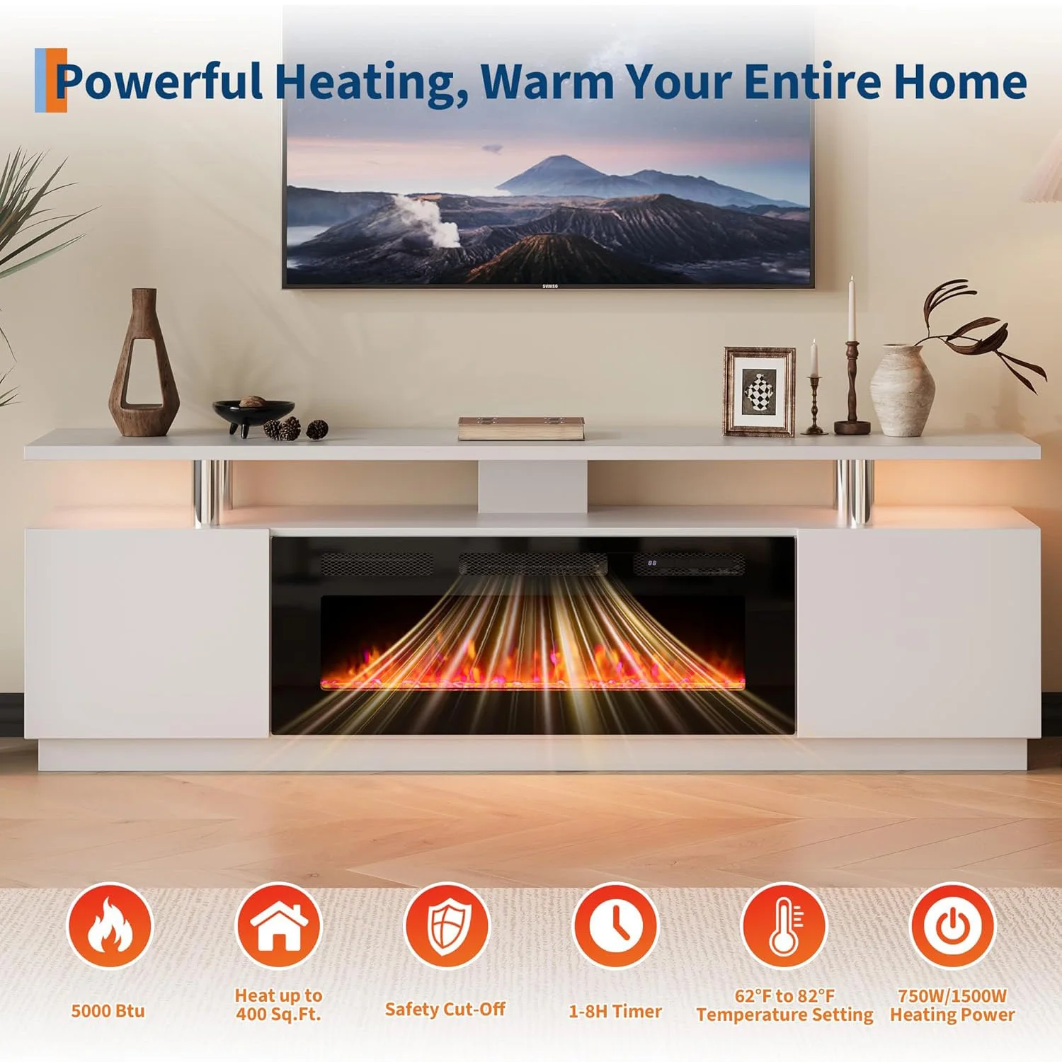 حامل تلفزيون مدفأة مقاس 70 بوصة مع سخان كهربائي وأضواء LED مقاس 36 بوصة - وحدة تحكم وسائط عالية اللمعان وخزائن تخزين تناسب أجهزة التلفاز حتى 80 بوصة