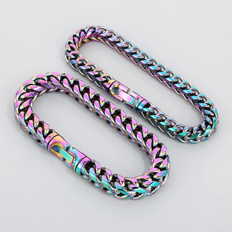 Rainbow Bbracelet 10mm Hip Hop Herringbone Chain Bracelet for Men Rock 316L Stainless Steel Multicolour Motorcycle Party Jewelry