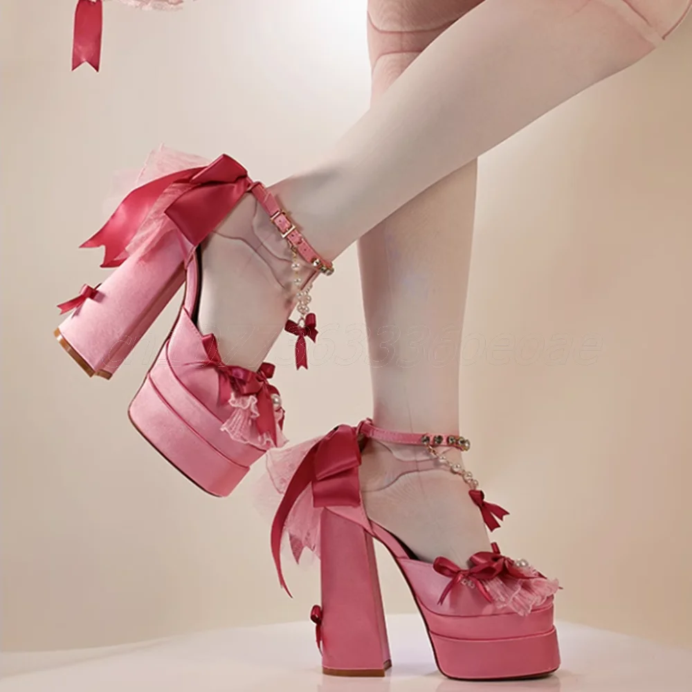 

Double Platform Satin Lolita Pumps Bow Knot Decor Ankle Strap Shoes for Women Chunky High Heels Shoes 2025 Zapatos Para Mujere