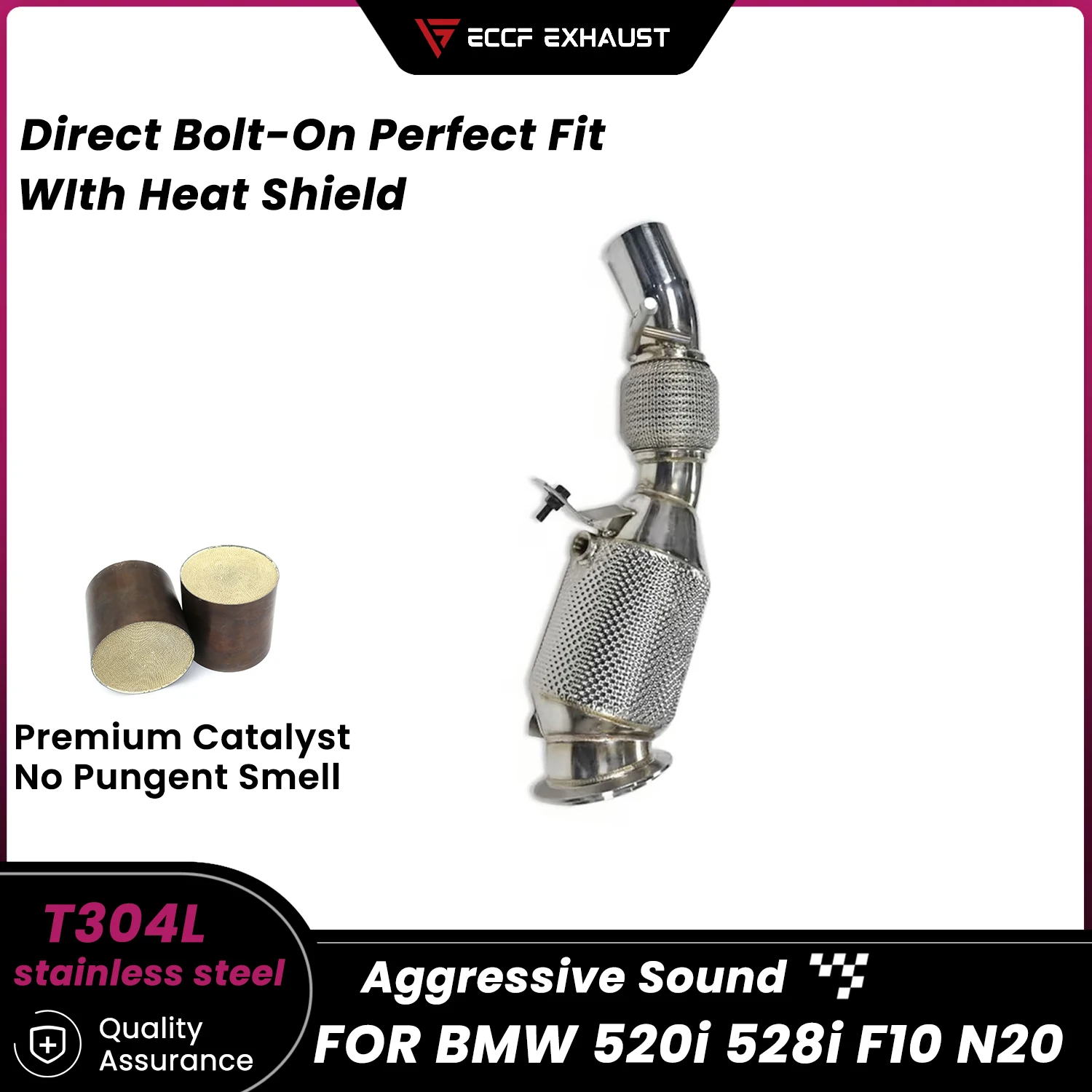 

Sporty Downpipe With Heat Shield For BMW 520i 528i F10 N20 Aggressive Exhaust Sound High Flow Easy Installation