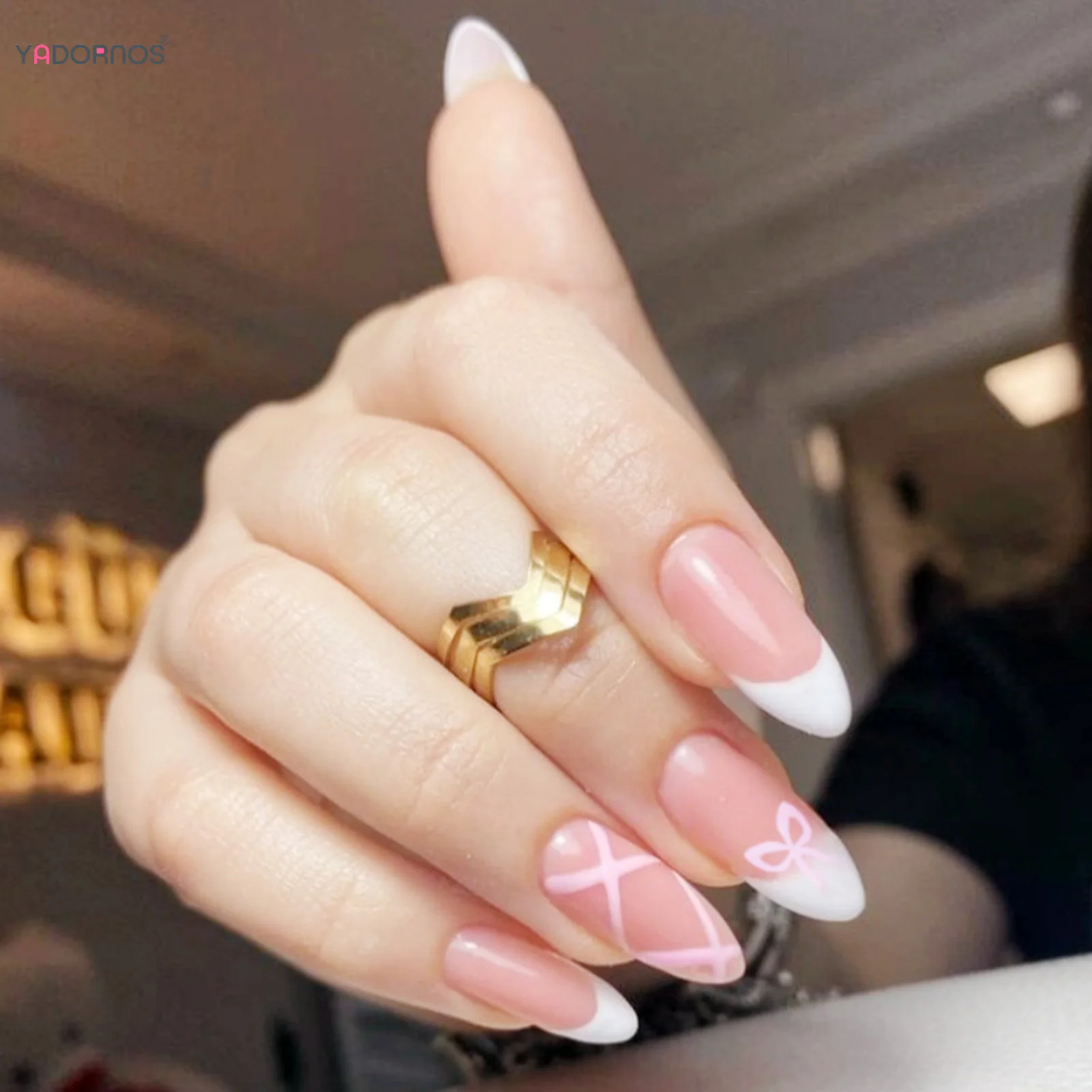 Sweet Pink Fake Nails for Y2K Girls Almond White French Style Press on Nails Bowknot Designs Gentle Woman Charms Manicure