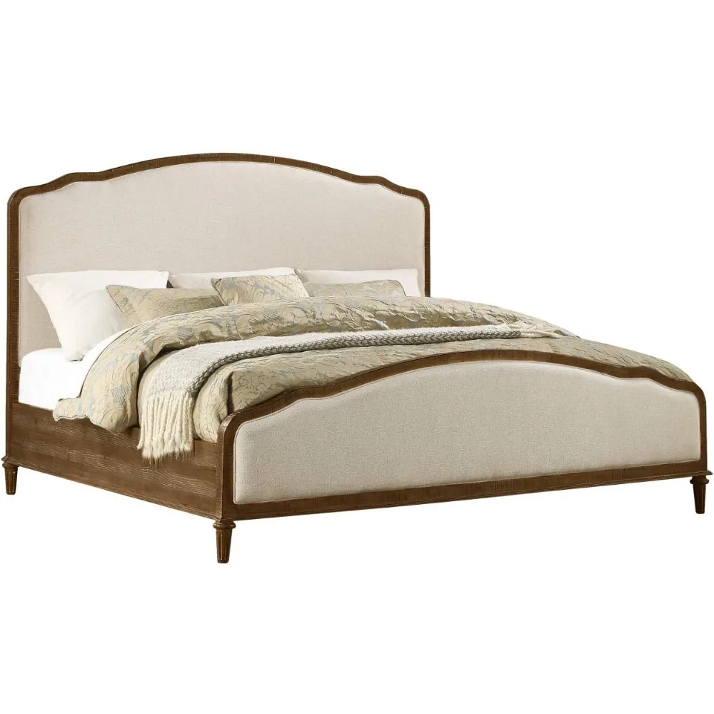 King Sandstone Buff and Cream Bed with Weathered Wood Framing and Curved, Upholstered Headboard and Footboard Panels