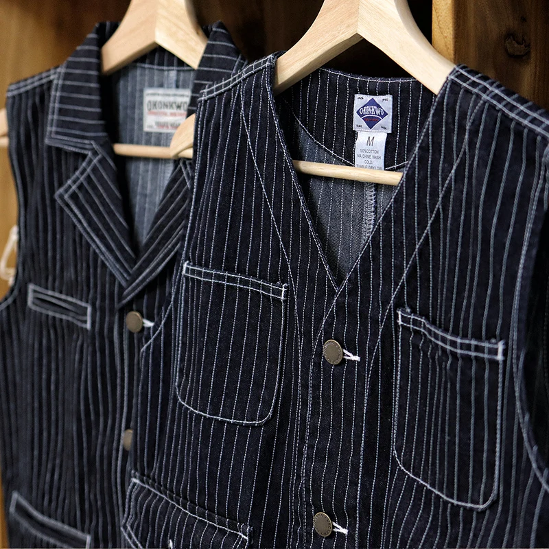 12.5 oz Vintage Vertical Striped Denim Vest for Men Feel Hard American Casual Multi Pockets 100% Cotton Indigo Washed Suit Vest