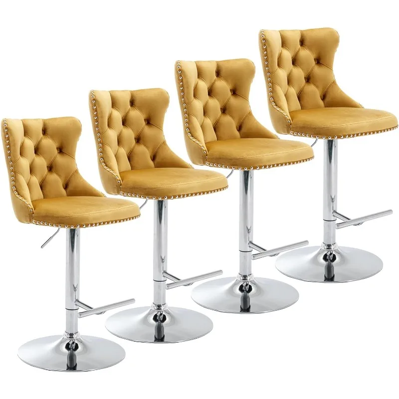 Swivel Bar Stools Set of 4, Adjustable Counter Height Barstools, Button Tufted Back andFootrest,Velvet Bar ChairsIsland,