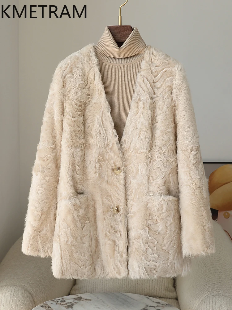 100% 천연 양모 양가죽 양면 모피 재킷 여성용 럭셔리 우아한 브이넥 리얼 퍼 코트 여성 겨울 의류 2025