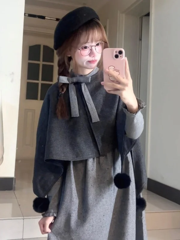 

Winter Short Knot Dress And Shawl Set Women's Fashion Versatile Two-Piece Suit Korean Style High Waist Long Sleeve