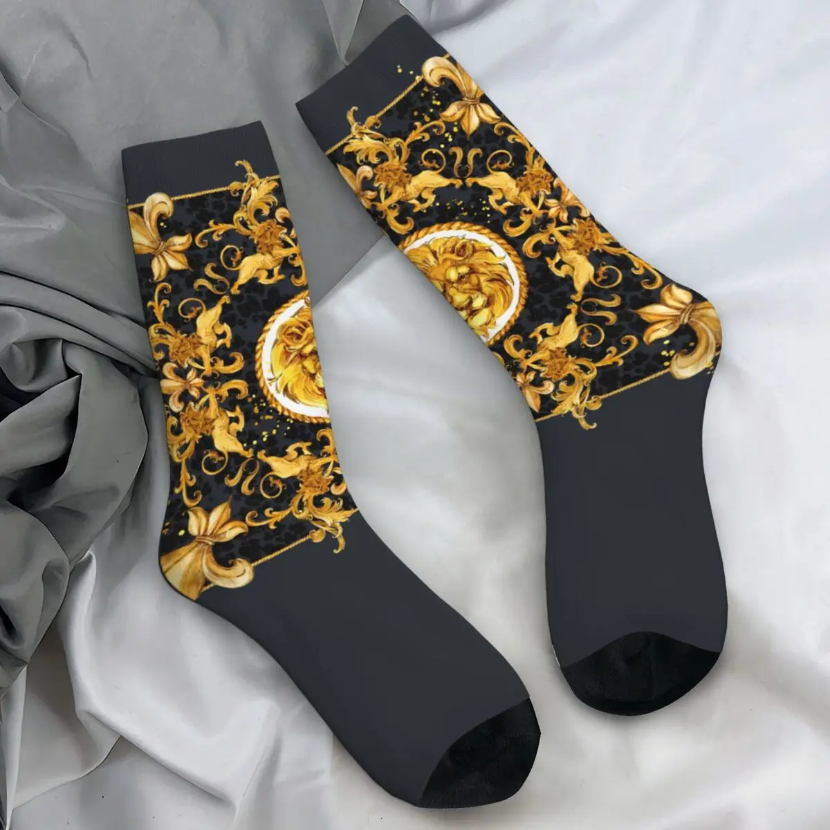 Golden Lions And Damask Socks Funny Stockings Winter Anti Skid Men Socks High Quality Custom Cycling Socks