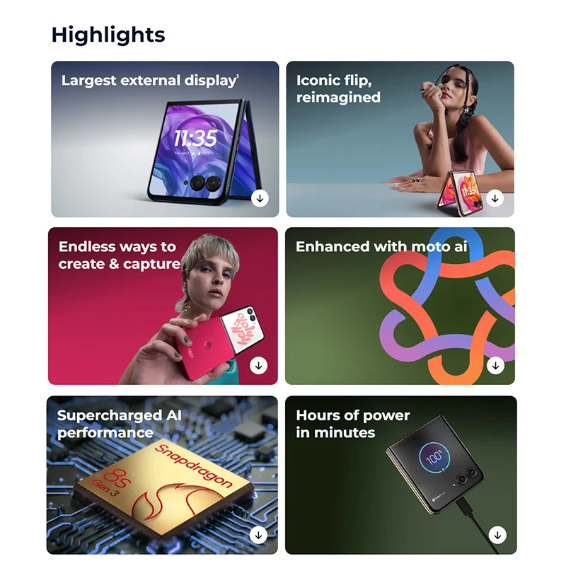 شاشة موتورولا موتو رازر 50 الترا 6.9 بوصة سنابدراجون 8s Gen 3 قابلة للطي 4000 مللي أمبير في الساعة أندرويد 14 50 ميجابكسل 45 وات الإصدار العالمي