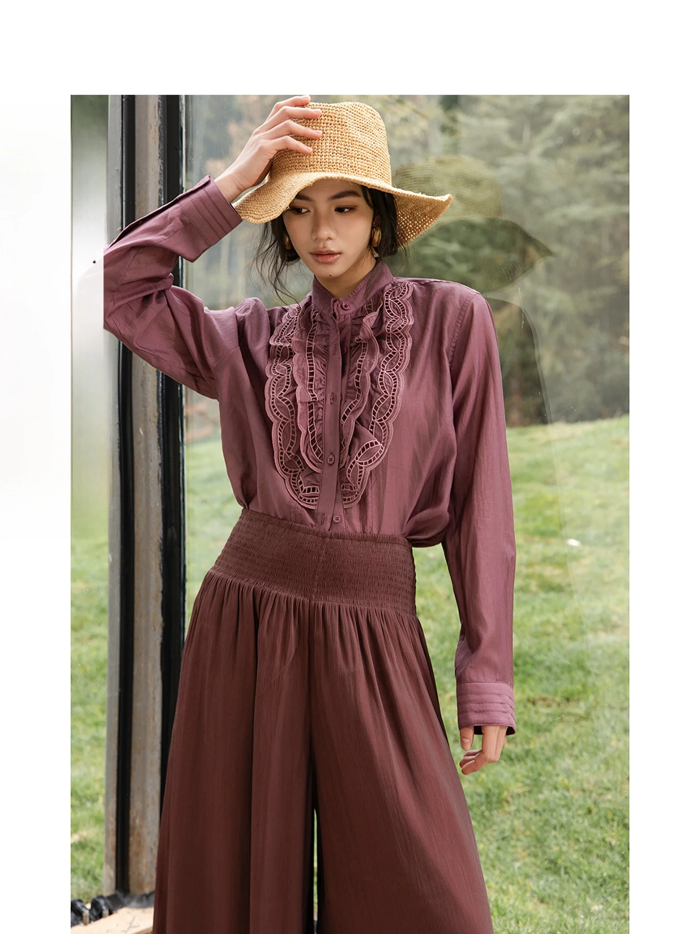 

Romantic Embroidered Heavy Work Lace Collar irt Spring Summer Casual Loose Fit Women's irt Polyester Fiber Long Sl...