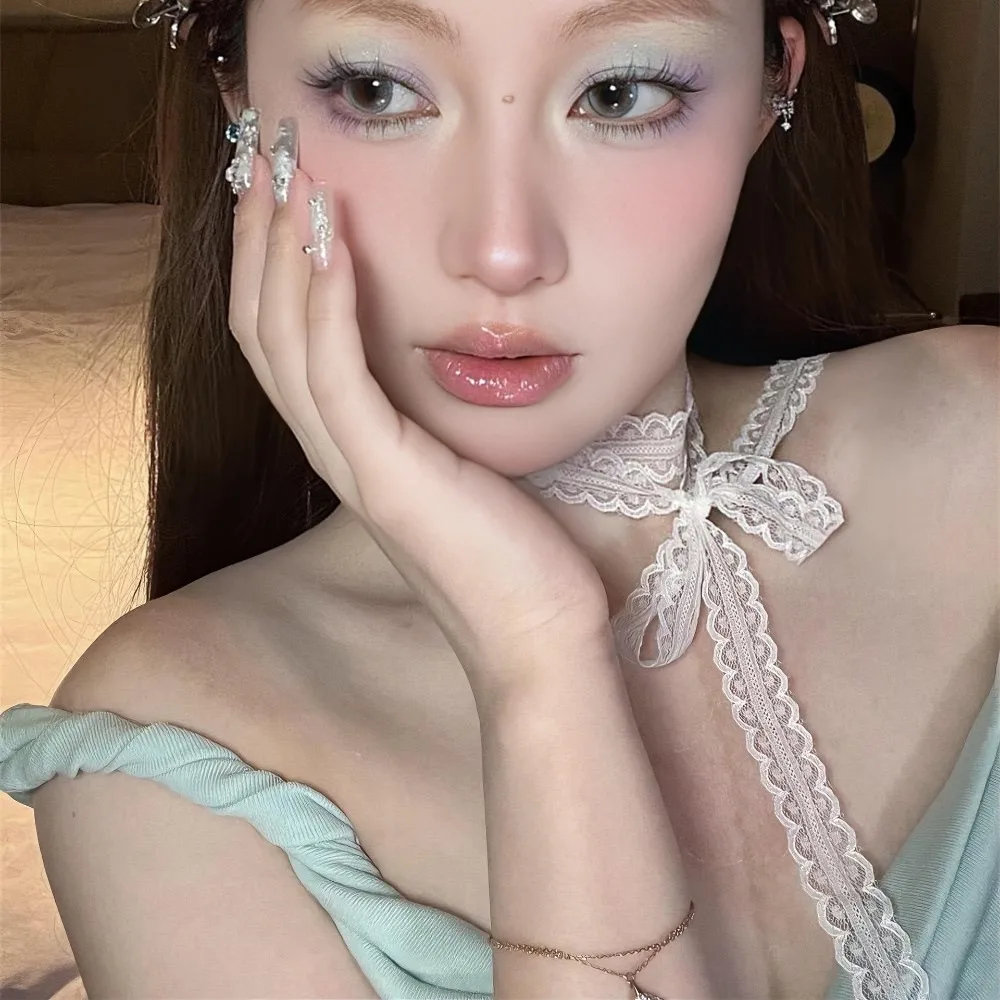 

Summer Stacked White Lace Bow Belt Streamer Headband Women's Thin Narrow Ribbon Versatile Collarbone Neck Ribbon Silk Scarf