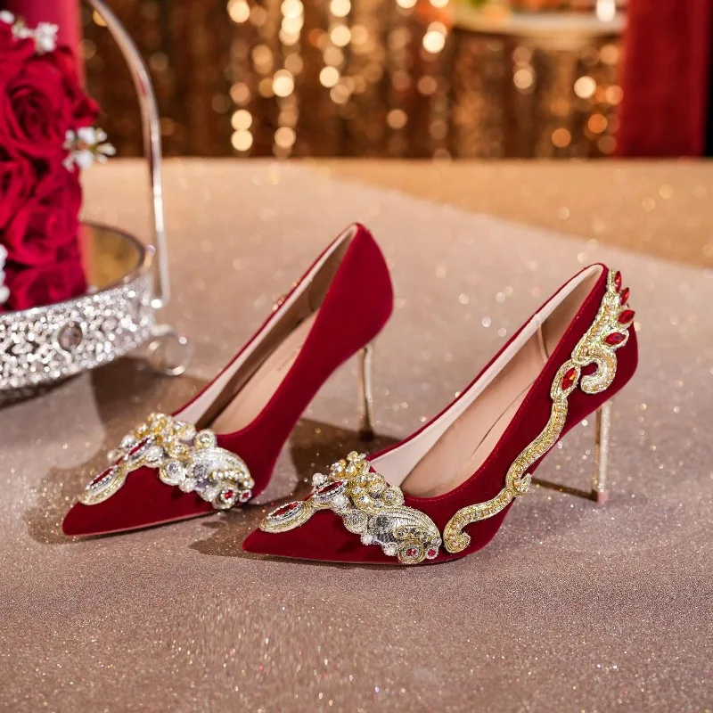 

8.5cm High Quality Suede Women's Pumps and Heels Luxury Rhinestone Wedding Shoes for Women Fashion Thin Heel Women Shoes Tacones