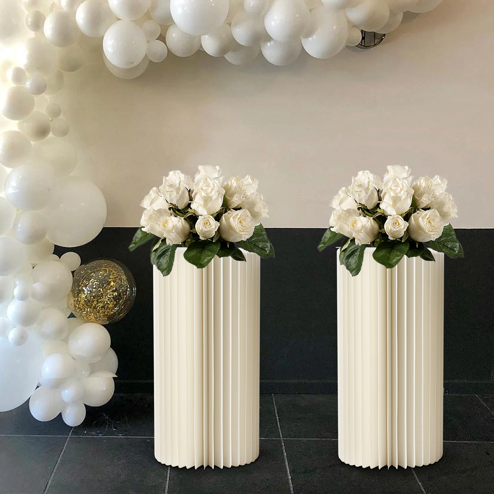 

Foldable Cardboard Cylinder Flowers Stand with Acrylic Lid 2PCs Dessert Table for Wedding Party Garden Decoration