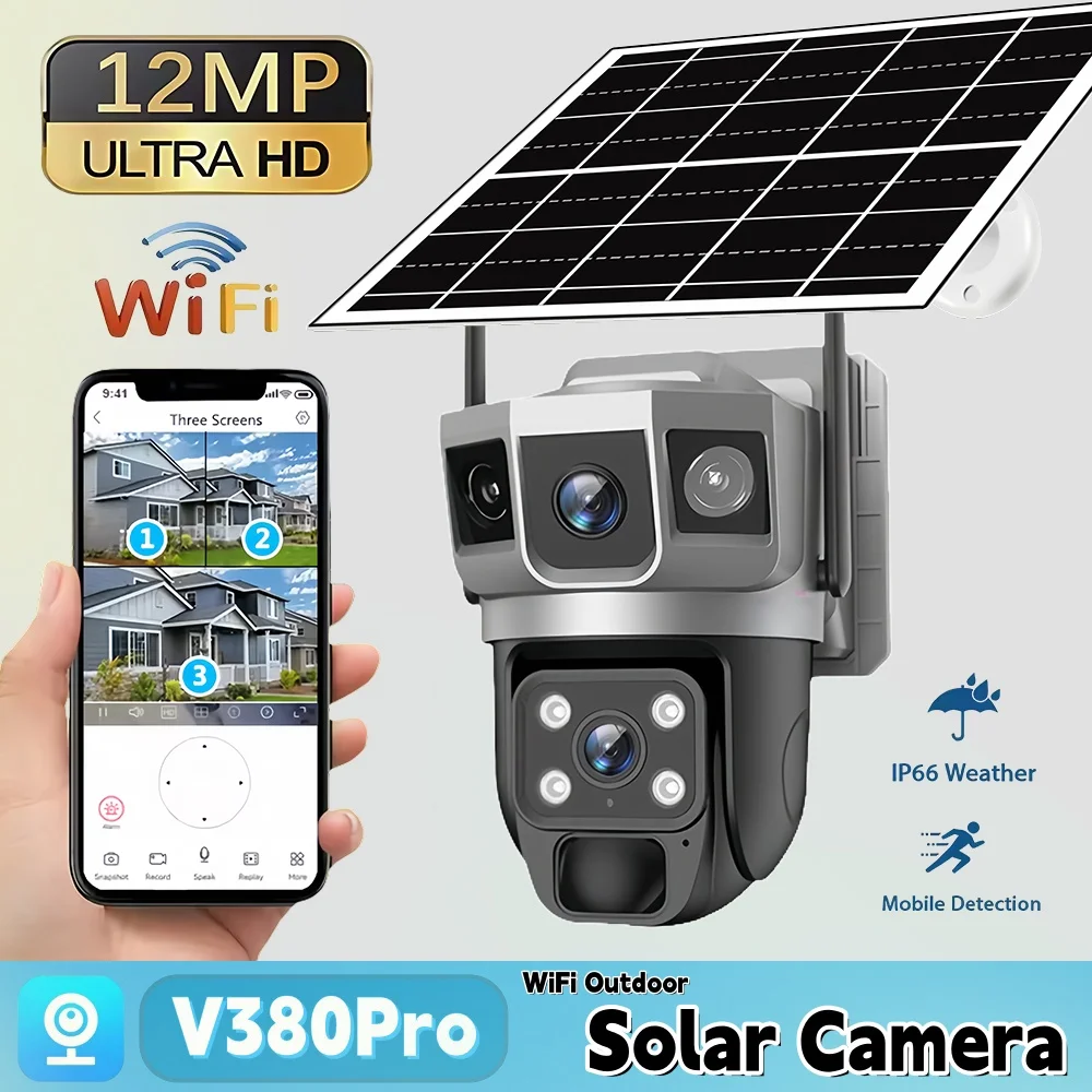

12MP Secure Solar WiFi IP Camera Outdoor Wireless Triple Screen Monitor Color Night Vision Human Detection PTZ Surveillance CCTV