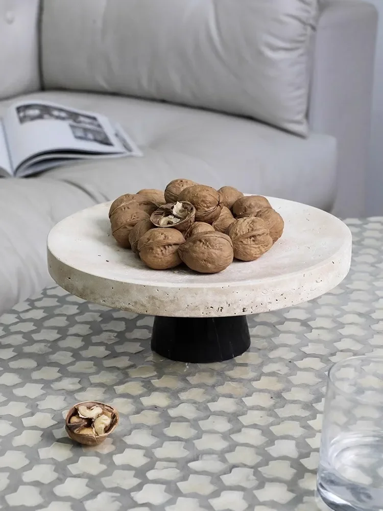 Wabi-Sabi-Natural Marble Tall Tray, Vintage Yellow Tray, Snack Fruit Plate, Dessert Countertop Storage Trays, Home Decoration