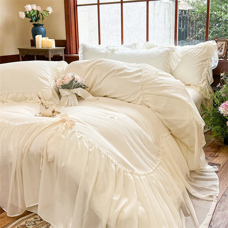 Korean Style Princess Bedding Set Luxury Pure White Lace Embroidery Bow Duvet Cover Bed Sheet Pillowcases