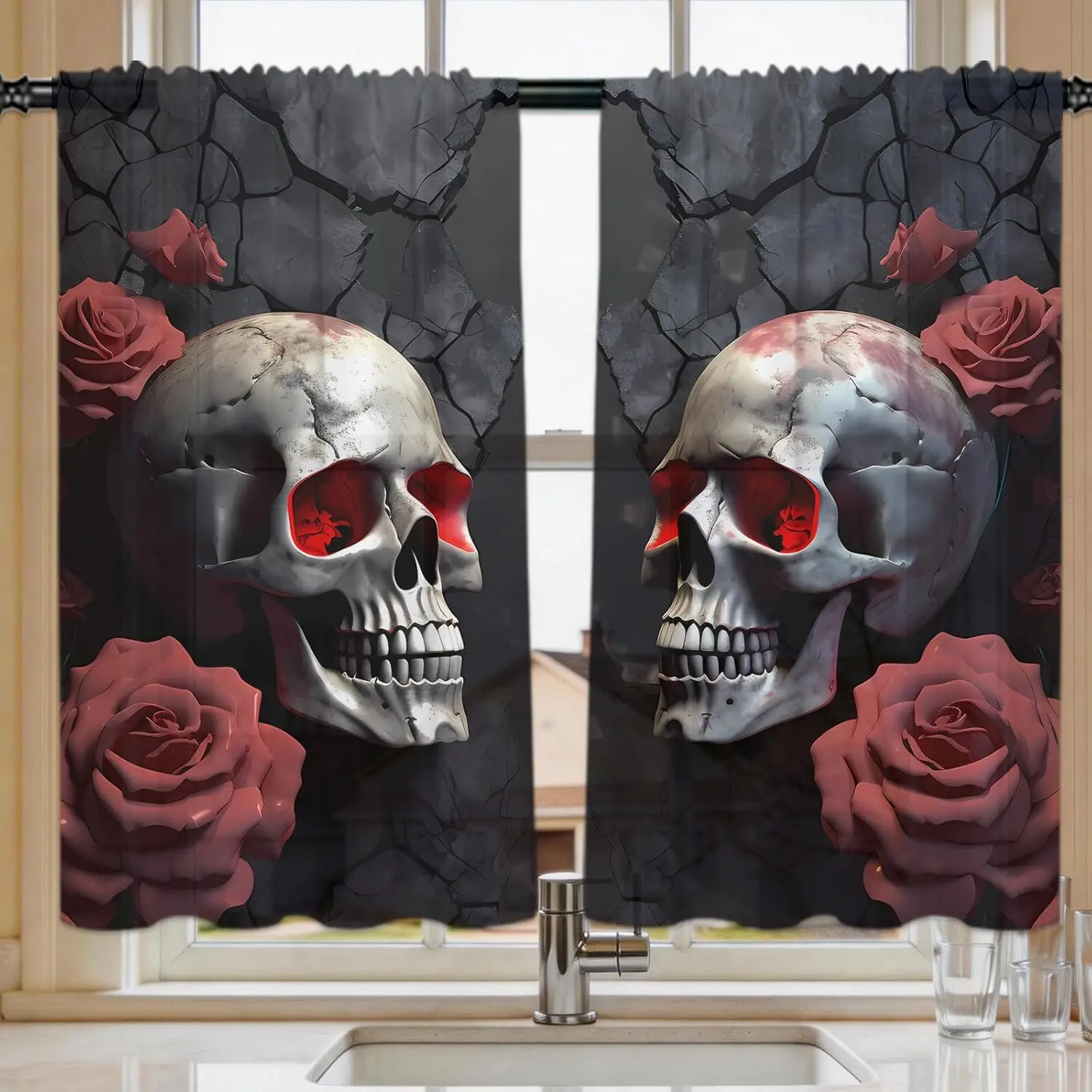 Dark Gothic Skull Rose Print Curtain Drapes Window Decor Macabre Victorian Aesthetic Room Curtains Halloween Birthday Home Decor