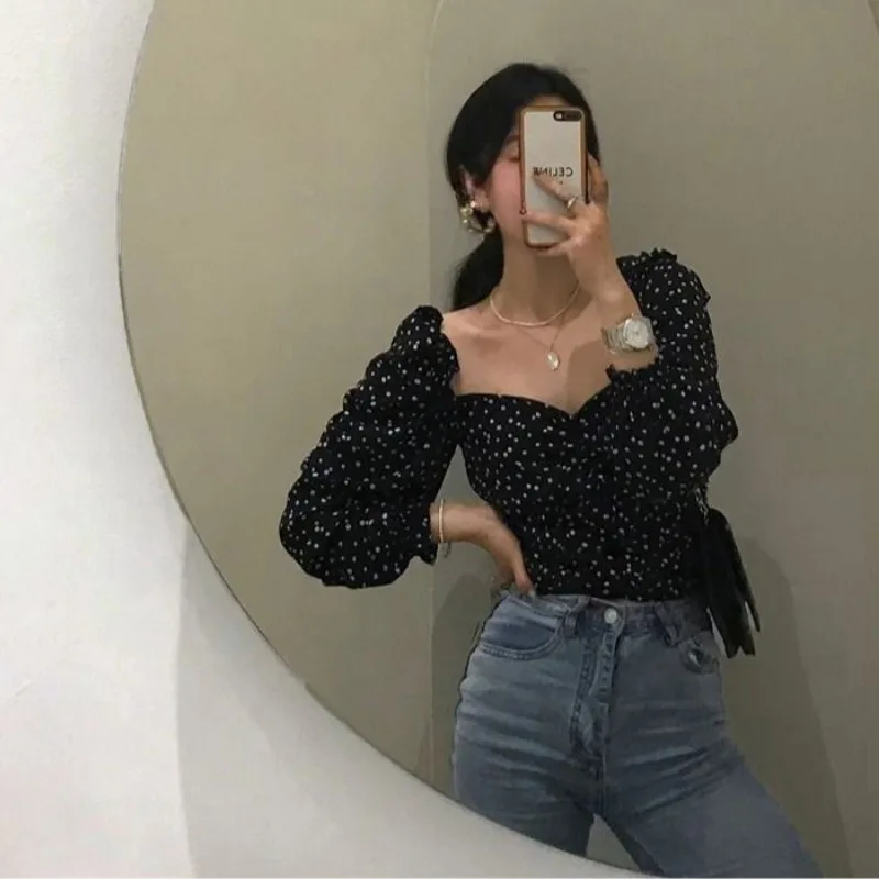 Low-cut Blouses for Women Slim Crop Tops Gentle Literary Printed New Puff Sleeve French Style Sweet Office Lady Romantic Autumn