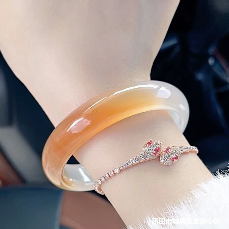 

Natural high-transparency agate , chalcedony bracelet, yellow and half blue, girl's style, wide band, koi fish patt