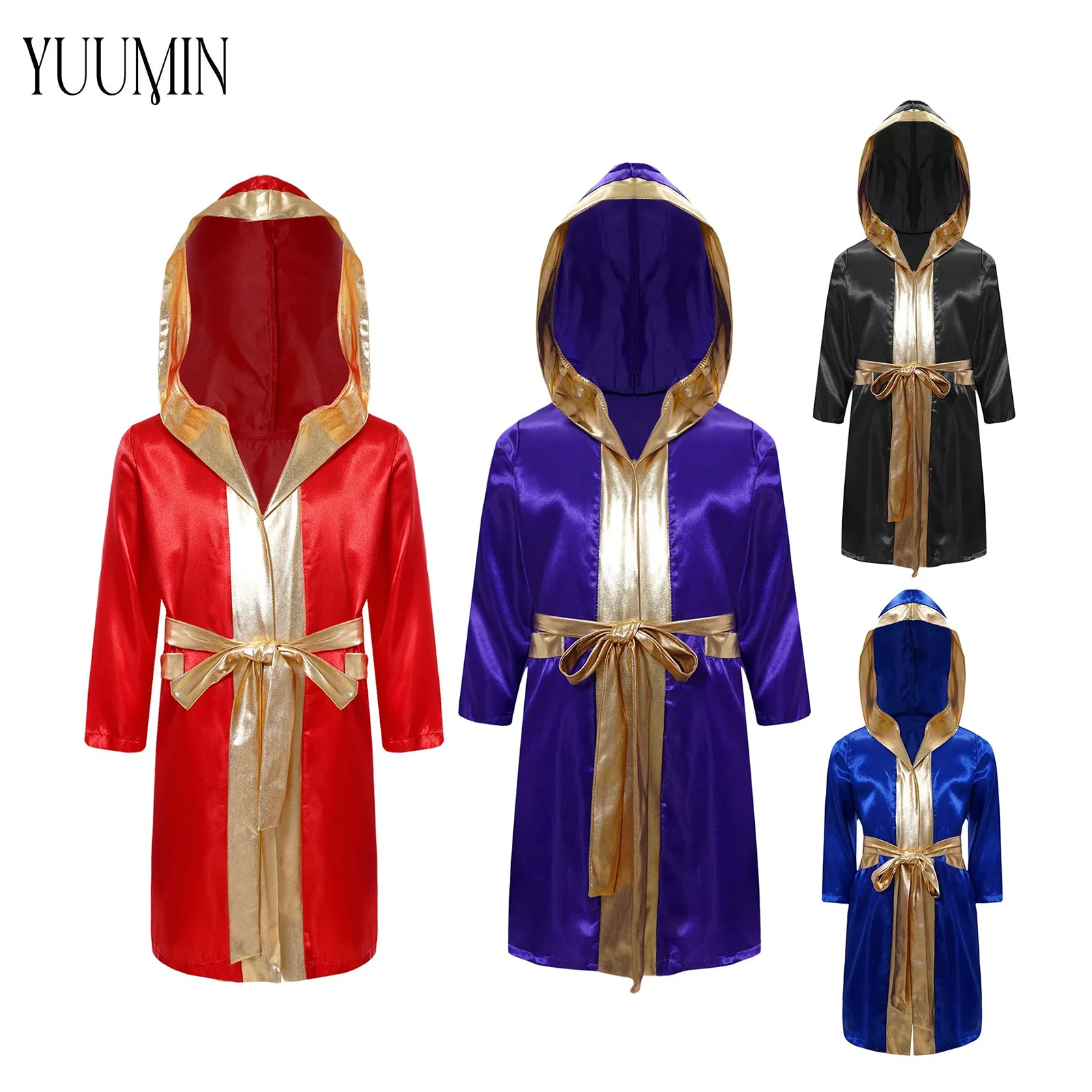 Kids Boys Boxing Robe Halloween Party Cosplay Costume Long Sleeve Open Front Metallic Trim Satin Hooded Cloak with Belt