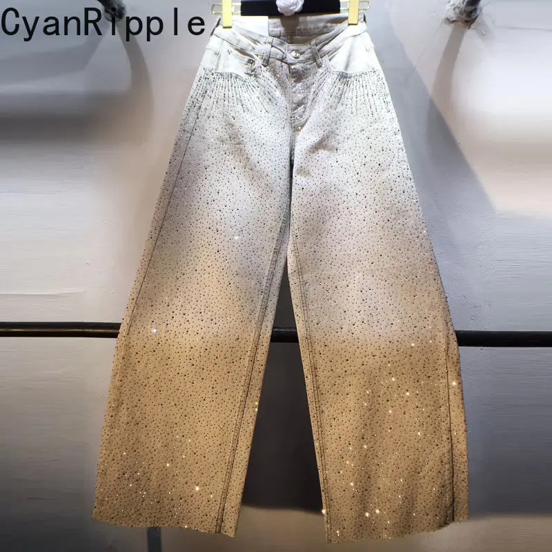 Blingbling Full Diamonds Hot Drilling Women Denim Trousers 2026 New Spring All-match High Waist Wide Leg Casual Straight Jeans
