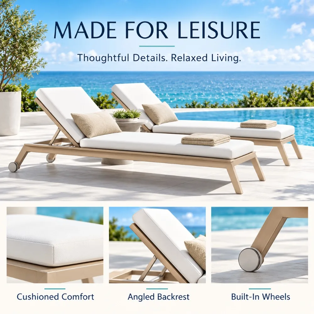 Waterproof UV Protected Teak Chaise Lounge, Luxury Outdoor Poolside Sun Lounger for Villa, Hotel and Backyard Garden