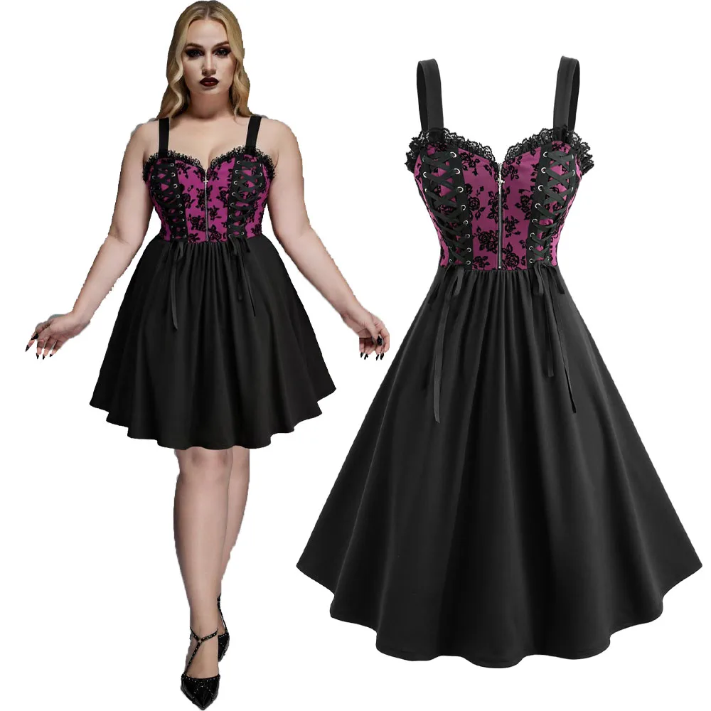 ROSEGAL Gothic Floral Flocking Zipper Tank Dress New Arrived Lace-Up Elegant Dark Romantic Costume Women's Plus Size Dresses