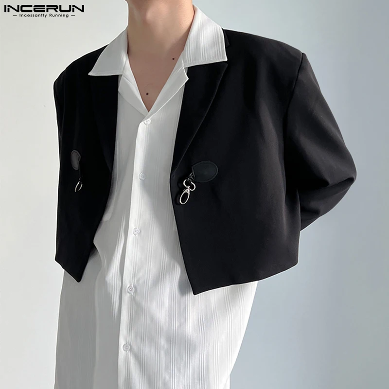 INCERUN Men Blazer Solid Color Lapel Long Sleeve One Button Crop Suits 2024 Streetwear Korean Fashion Casual Thin Coats S-5XL