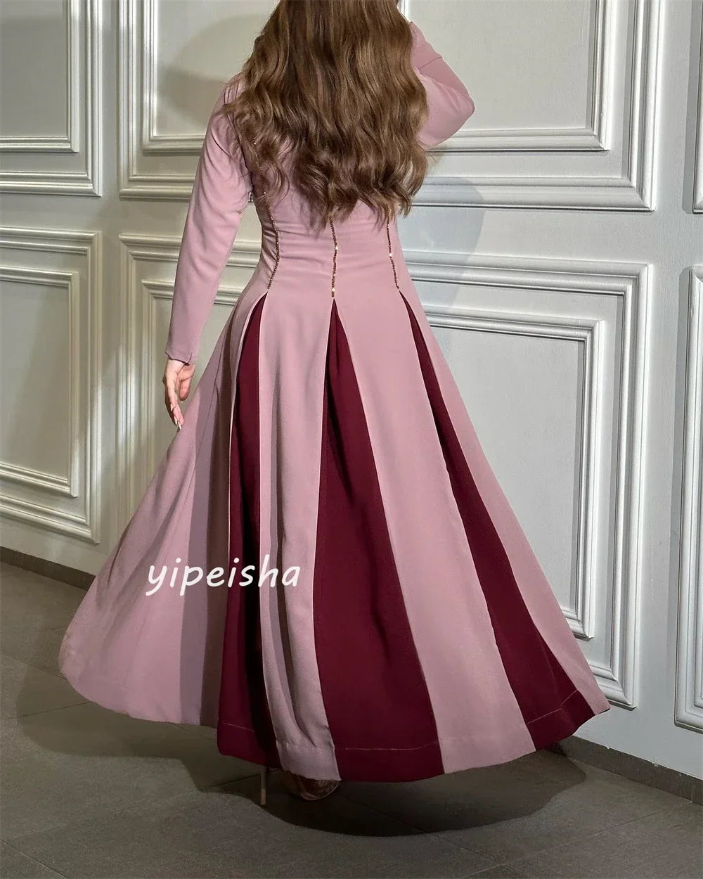 Customized Prom Gown Jersey A-line V-neck Long Sleeves Dresses Exquisite High Quality Occasion Formal Evening Dress for Women