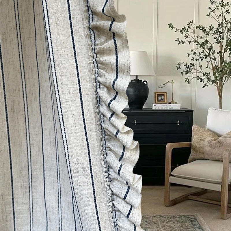 American Country Retro Navy Blue Stripe Cotton Linen Jacquard Curtains for Living Room Bedroom French Window Villa Customization