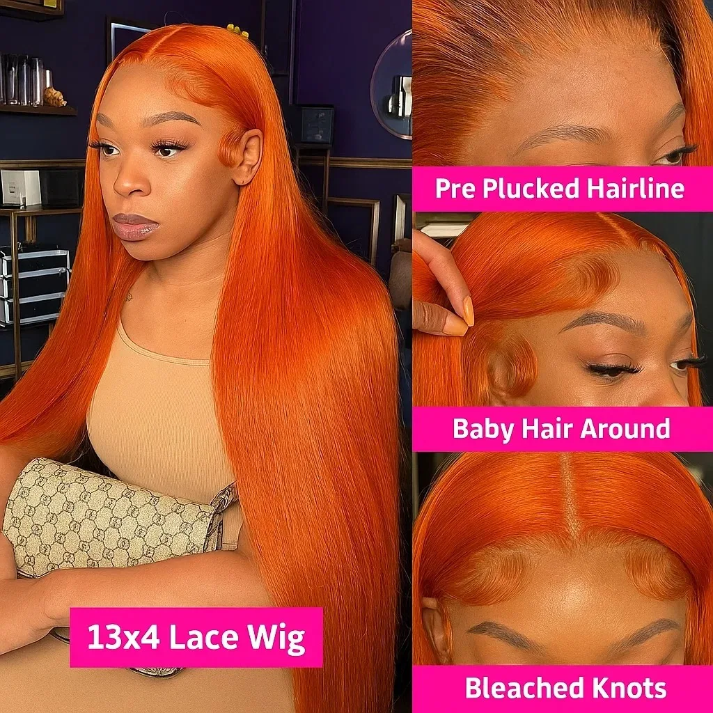 36 Inch Straight Orange Ginger Lace Front Wigs Human Hair 350 Colored Brazilian 13X6 HD Transparent Lace Frontal Wigs For Women