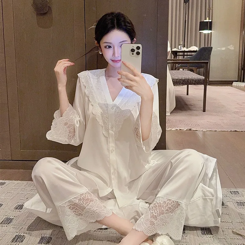 Ice Silk Pajamas Autumn Fashion Collection for Women Exudes A Sense of High-end Luxury with Lace Long-sleeved Cardigan Home Wear