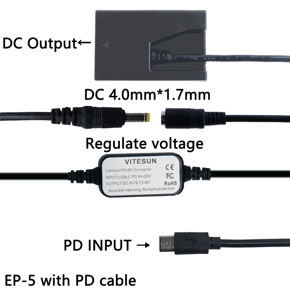 USB Type C USB-PD Converter to DC Cable + EN-EL9 dummy battery EP-5 for Nikon D40 D40X D60 D3000 D5000