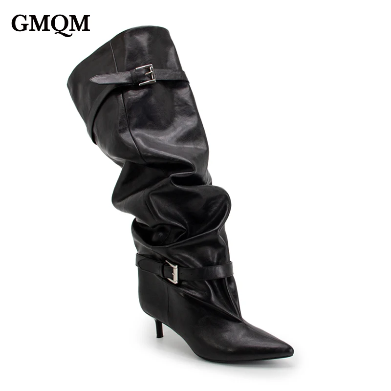 GMQM Brand New 2026 Women's Fashion Knee High Boots Y2K Pointed Toe Kitten Heel Ruched Fold Over Tall Boots Buckle Straps Shoes