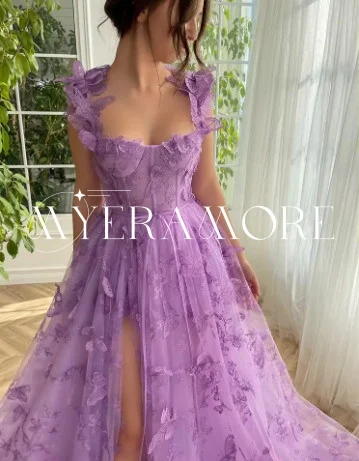 

Modern 3D Butterfly Evening Dresses Tulle Spaghetti Strap Square Collar High Split Prom Dresses Customized فساتين سهرة