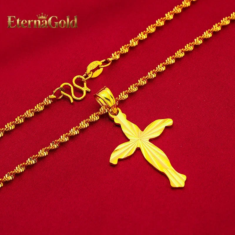 

EternaGold 24K Gold AU999 Cross & Water Wave Necklace Women - Premium gold, cross for protection, wave for softness, fits daily