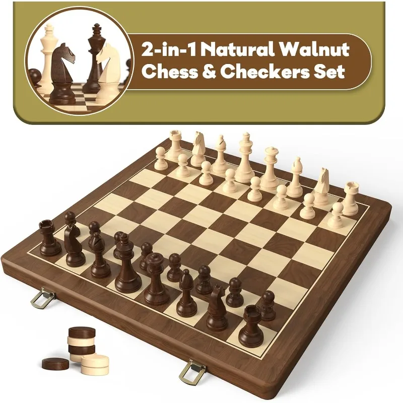 Wooden Folding Chess & Checkers Set- 2 in 1 Board Game with 3