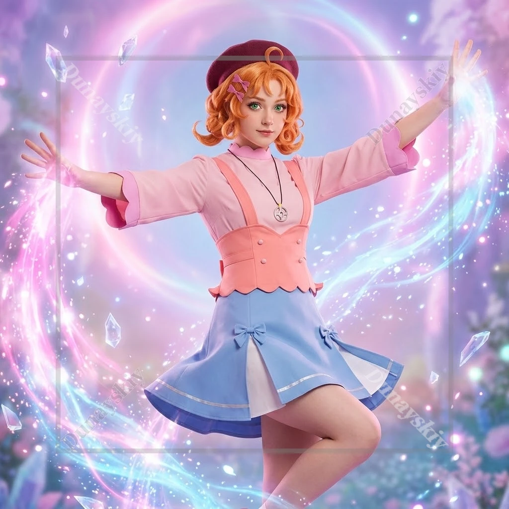 

Pretty Cure Detective Anna Akechi Cosplay Costume Pink Blue Scalloped Edge Outfit With Steering Wheel Necklace Full Set Stage
