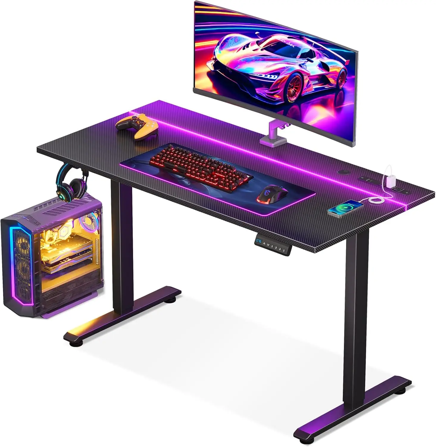 Gaming Standing Desk, 47 Inch Height Adjustable Small Gaming Desk with Power Outlet & LED Light ＆ Hook