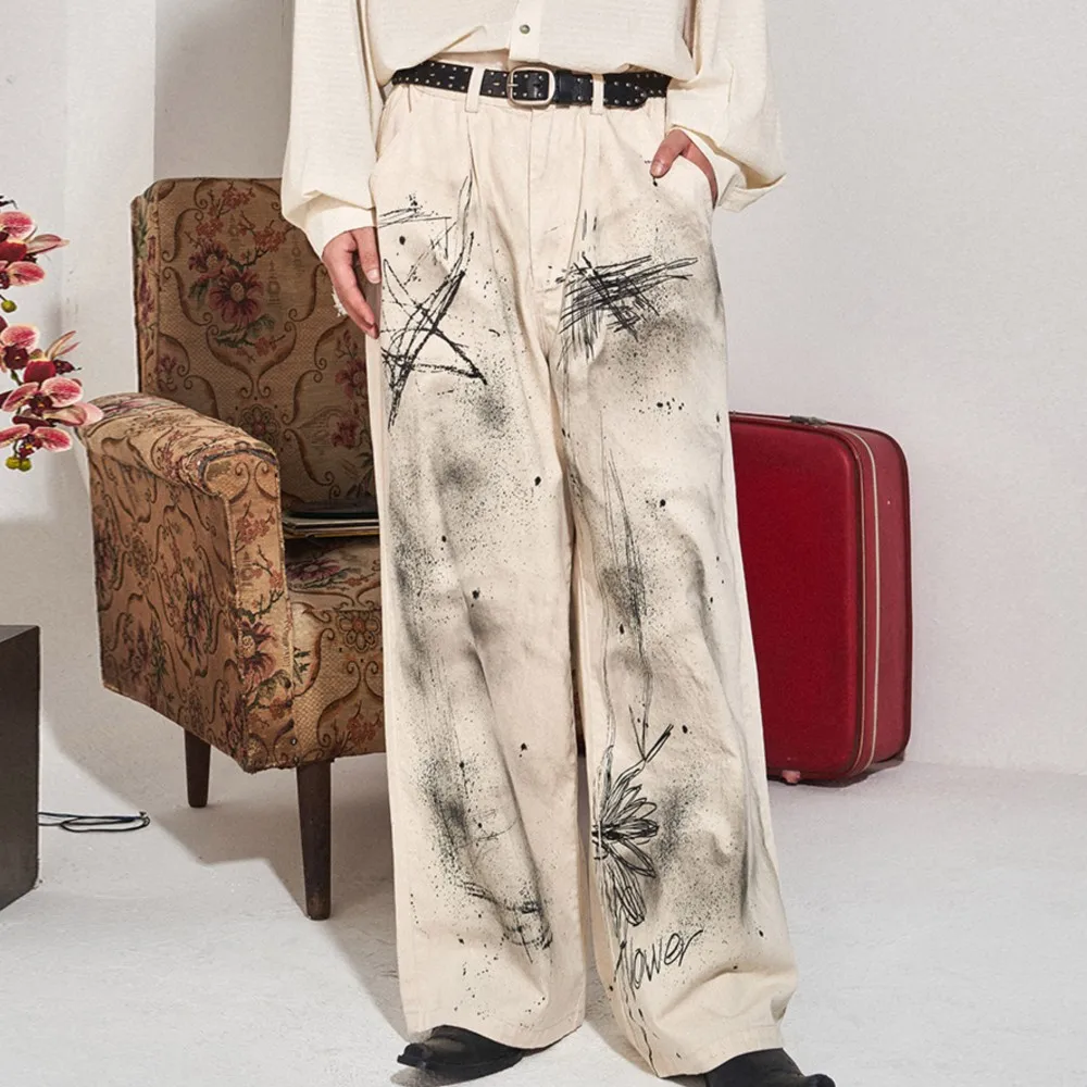 Ink Graffiti Straight Jeans Men and Women All-Matching Casual Loose Trousers