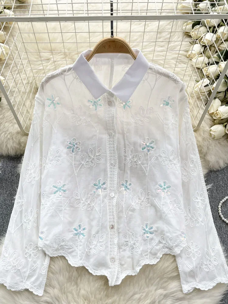 Litmage Women Shirts Spring New Heavy Industry Sequined Embroidered Blusas high street Wave Edge Slim Appearance Thin Top BL003