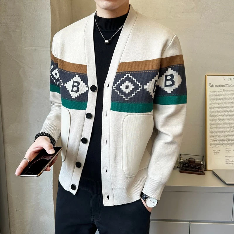 

Men's Diamond Knit Cardigan - Autumn V-Neck Slim Fit Sweater with Ethnic Style, Outerwear for Youth
