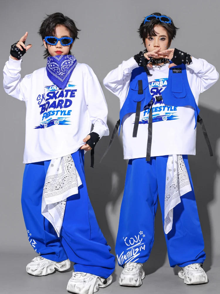 

2025 модные танцевальные костюмы в стиле хип-хоп для мальчиков, синий жилет, брюки в стиле хип-хоп, уличная одежда для девочек, одежда для джазовых танцев, DQS21079