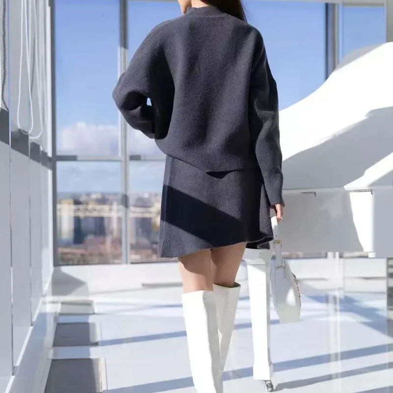 

Women New Simple Party Sets Solid Long Sleeve High Collar Sweater&Mini Skirts Sets Autumn Winter Vintage Casual Commute Outfits