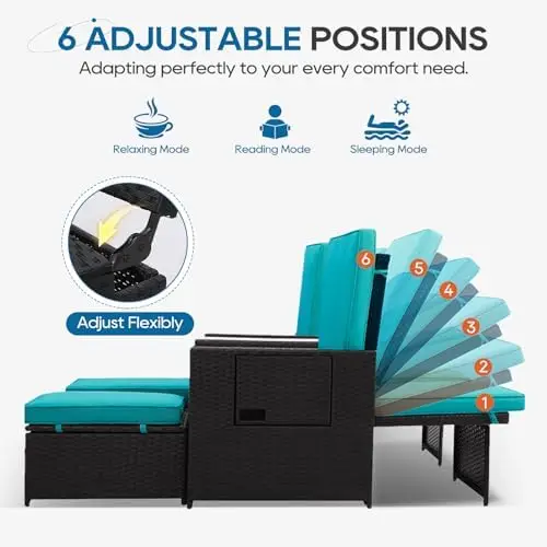 Chaise longue da esterno in vimini da 5 pezzi con ottomano e tavolino da caffè, rattan nero, cuscino turchese