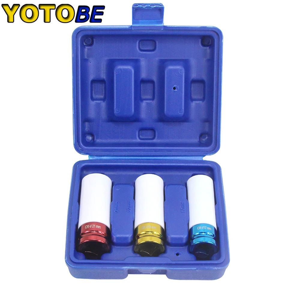 3Pcs 1/2 Inch Dr Alloy Wheel Deep Impact Lug Nut Socket Set 17mm 19mm 21mm Auto Repair Tools