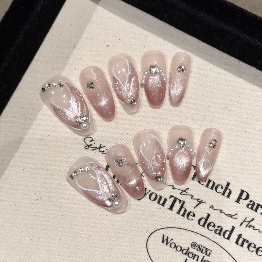 Handmade Pink Press on Nails Nude Rhinestone Design Reusable Wearable Fake Nails Full Cover Nail Tip Manicure Desired Life Store