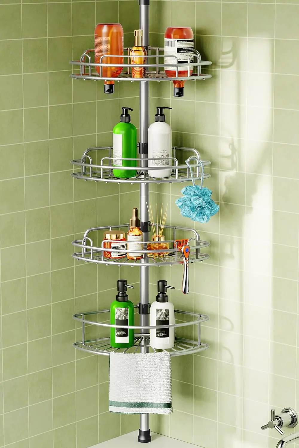

Adjustable Tension Pole Shower Caddy: 4-Tier Rust-Resistant Bathroom Shelves, No-Drill Installation for Renters - Silver Gray